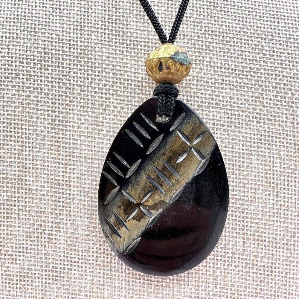 Vintage Gold Tone Carved Pendant Necklace Black Brown Tribal Cord Boho Ethnic